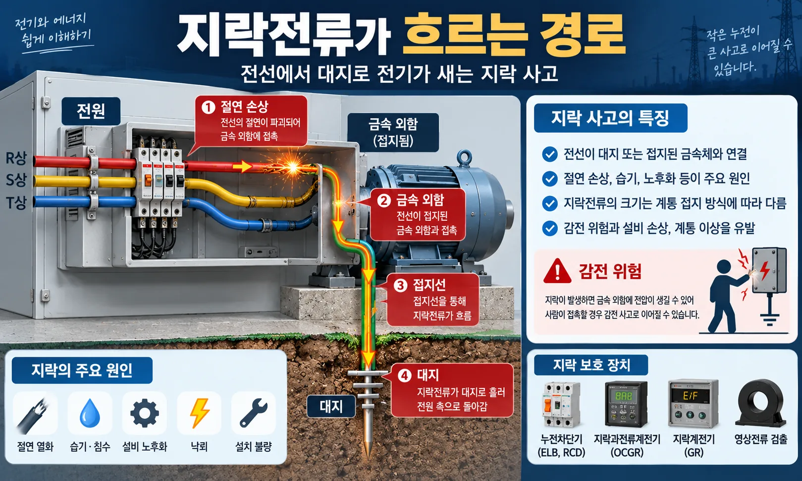 절연 손상으로 전류가 금속 외함과 접지선을 거쳐 대지로 흐르는 지락 경로 인포그래픽