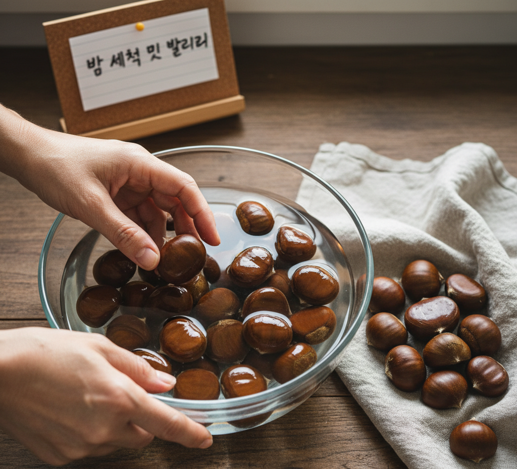물에 불리는 신선한 밤, 군밤 만들기 준비 단계