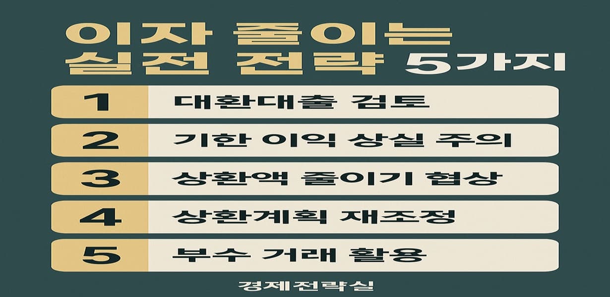 이자를 줄이는 실전 전략 5가지를 항목별로 정리한 인포그래픽 이미지
