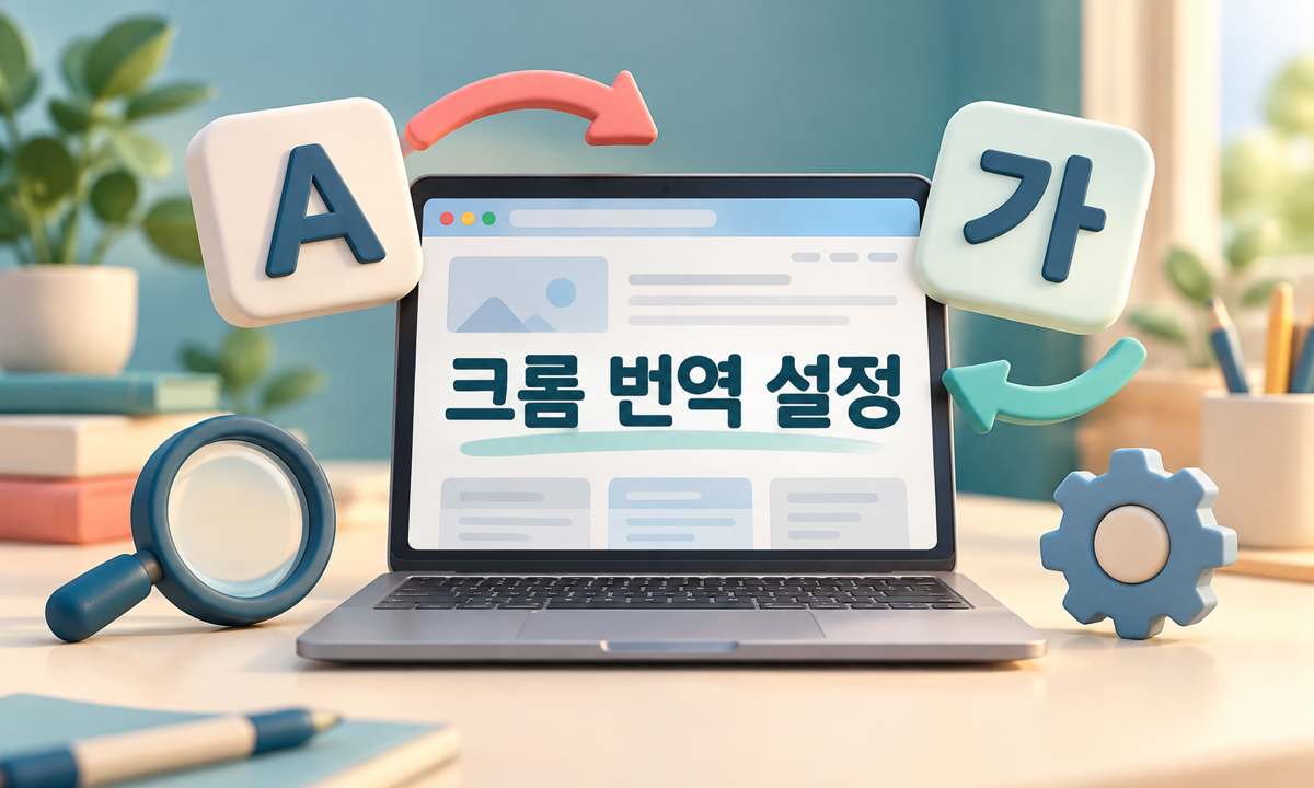 노트북의 웹페이지와 영어&middot;한국어 언어 타일로 표현한 크롬 번역 설정 삽화