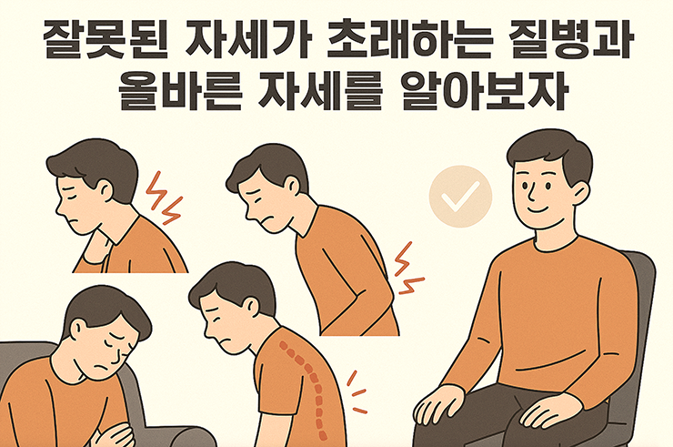 잘못된 자세들과 올바른 자세가 담긴 이미지 입니다.