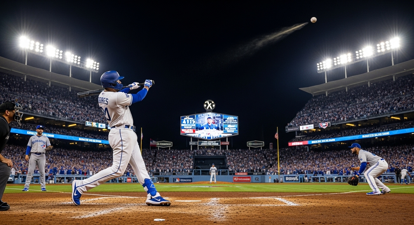 2025 MLB 월드시리즈 7차전 연장 11회, LA 다저스 선수가 역전 결승 홈런을 치는 극적인 순간. 환호하는 관중과 실망하는 토론토 블루제이스 투수의 모습이 대비되는 역대급 야구 경기 장면.