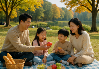 율동공원에서 과일과 빵을 두고 피크닉 하는 가족