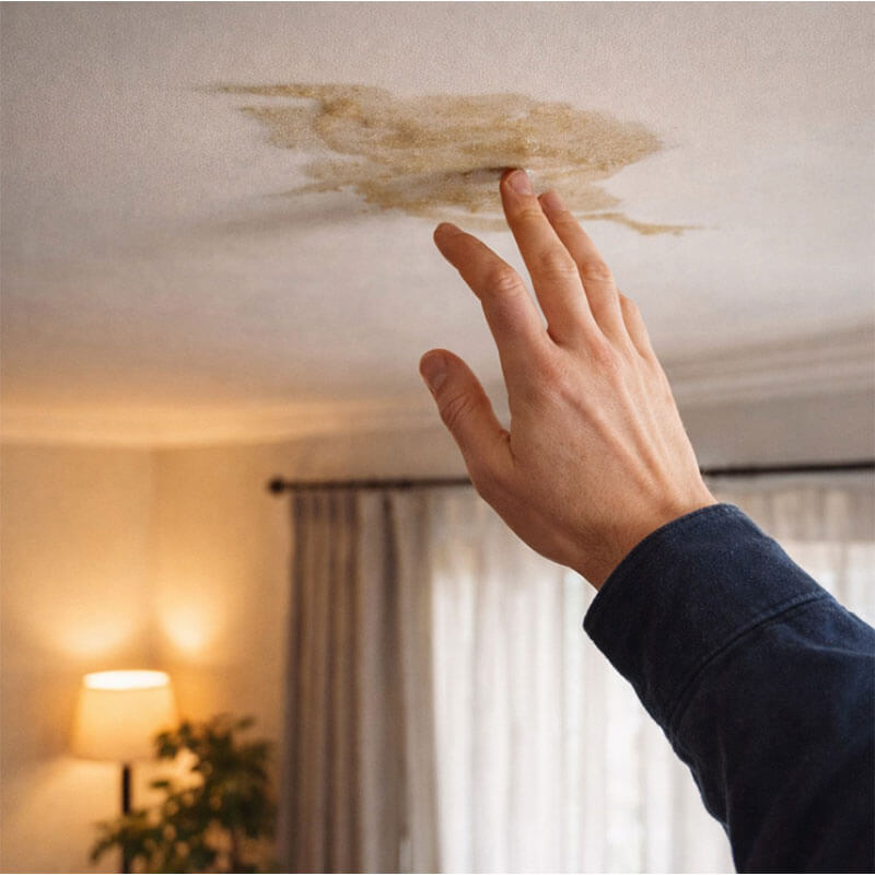 집 문제 점검 단계에서 천장 누수 흔적을 확인하는 장면