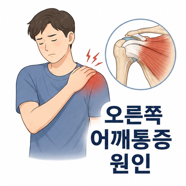 오른쪽 어깨를 짚은 인체와 어깨 관절 구조로 표현한 오른쪽 어깨통증 원인