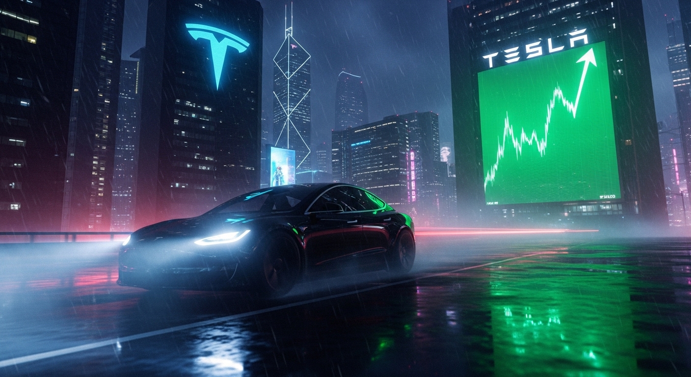 Dynamic 3D image of a Robotaxi silhouette driving through a futuristic city, with the Tesla logo and a rising stock chart in the background.