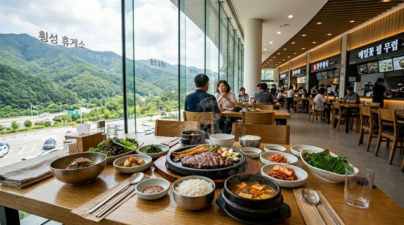 활기찬 고속도로 휴게소의 모던한 푸드코트 전경, 창밖으로 푸른 산이 보이고 테이블 위에는 정갈하게 차려진 한우 스테이크와 지역 특산 요리들이 놓여 있는 모습.