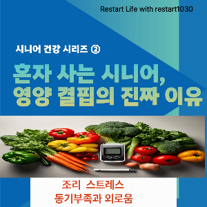 젊음이 느껴지는 파란색 바탕에 시니어의 느낌을 주는 연한 청록색의 글씨 아래 빨갛고 노란 파프리카와 당근, 푸른 채소인 샐러리, 브로콜리 등등이 가득 놓여 있고 그 가운데 작은 측정기가 놓여 있는 이미지로 다양한 영양소 부족의 이미지로 연결