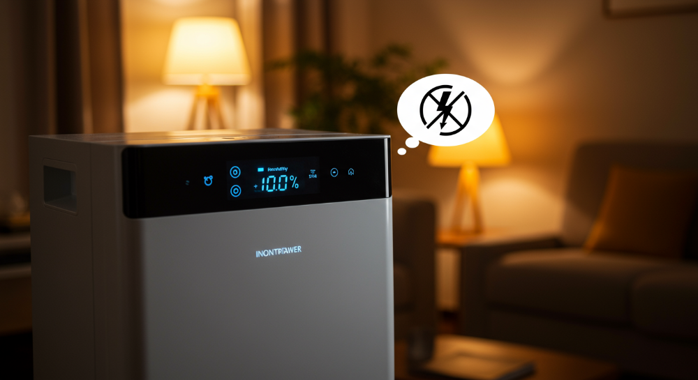 쾌적한 거실에서 조용히 작동하며 전기세를 절약하는 인버터 제습기. 디지털 디스플레이에 낮은 습도가 표시되고, 전기 절약을 상징하는 번개 모양 아이콘이 나타나 있다.