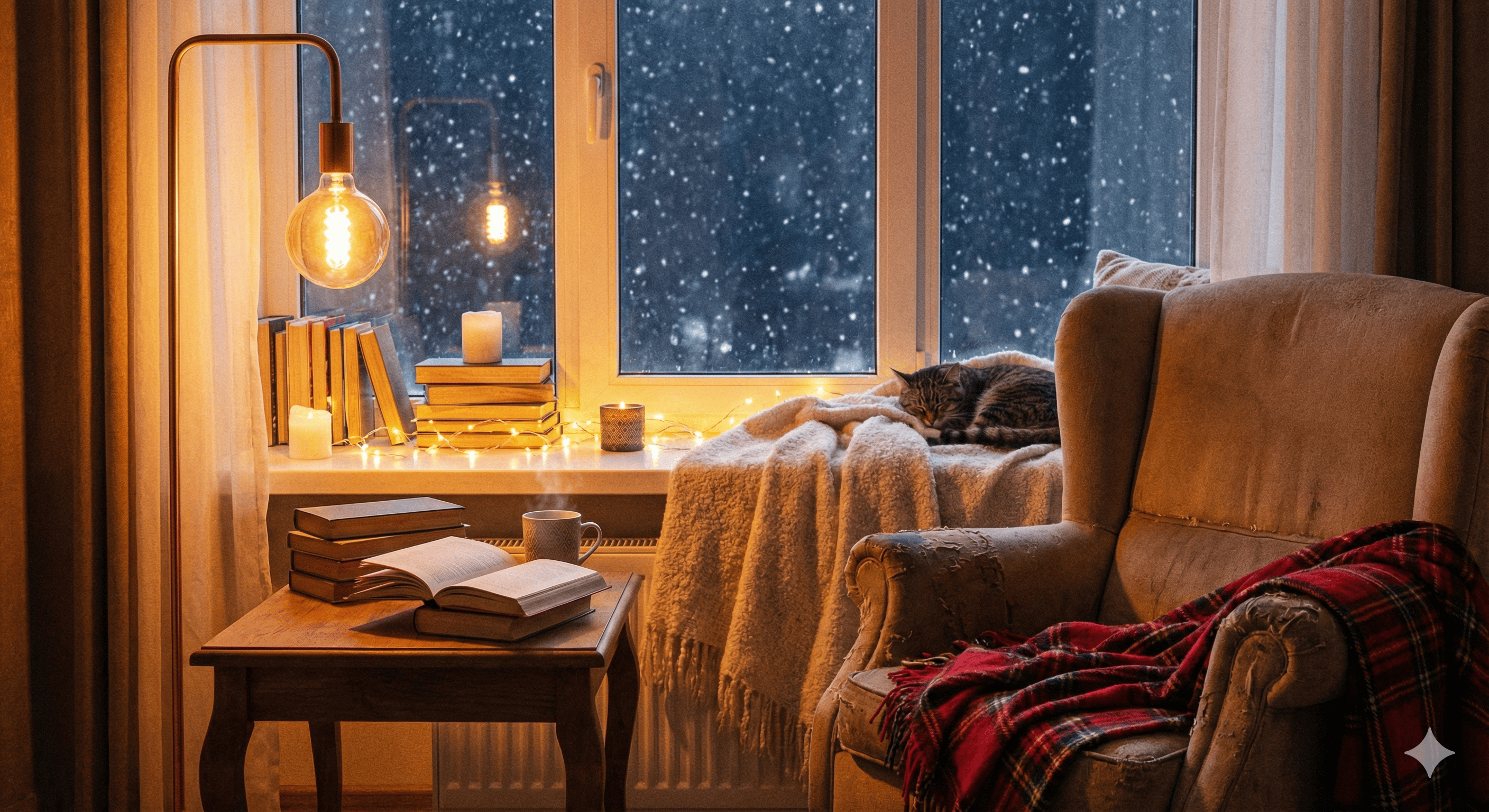 cozy window nook with lamp, blanket, and book