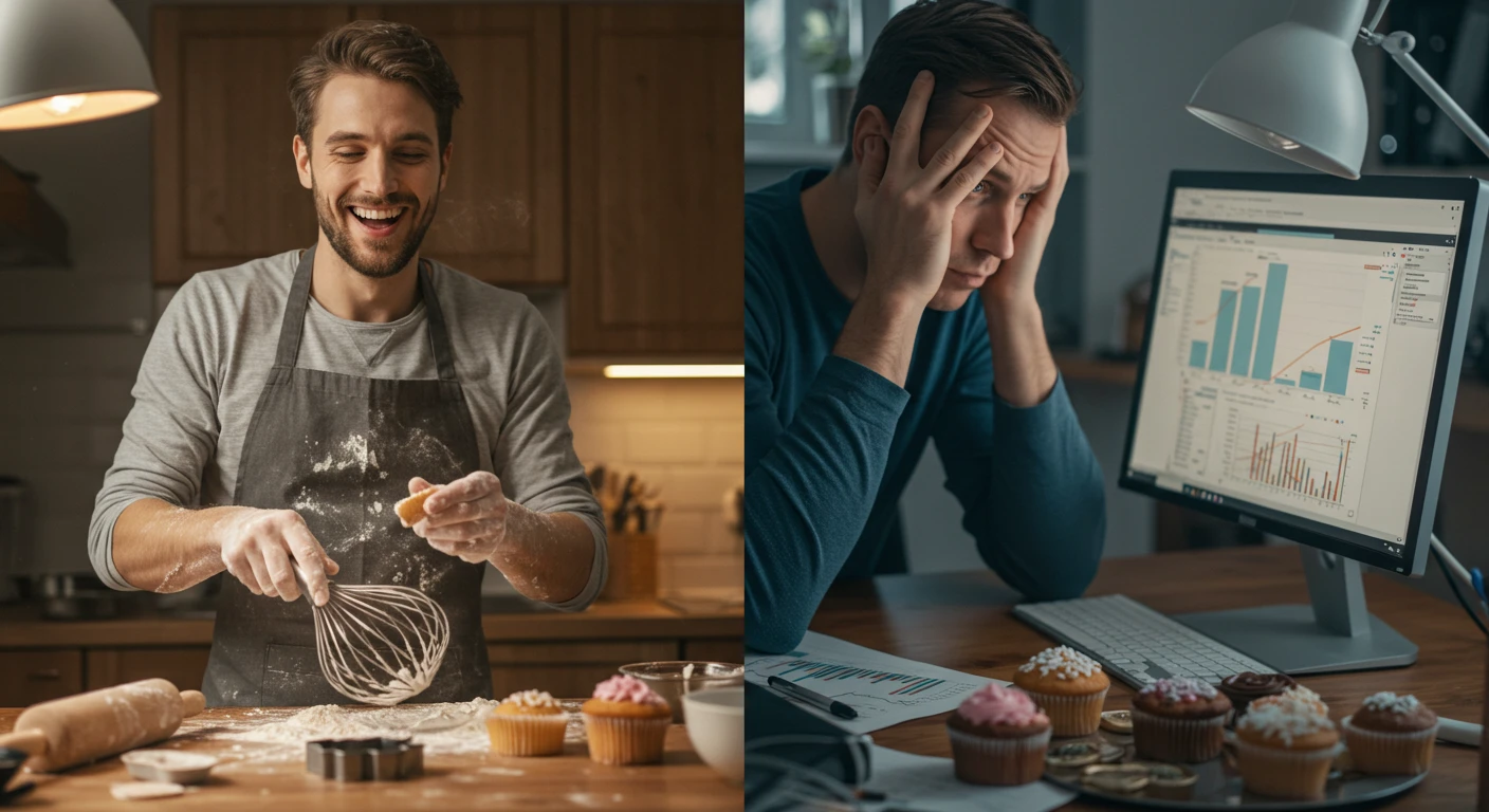 취미 번아웃을 겪는 남성의 모습. 즐겁게 베이킹하는 모습과 엑셀을 보며 스트레스받는 모습의 대비.