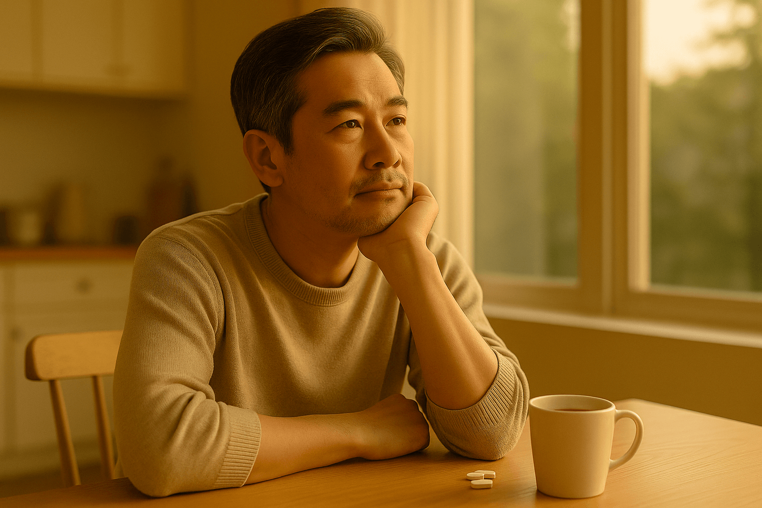 창가로 들어오는 따뜻한 햇살 아래 커피 머그컵과 영양제 알약을 앞에 두고 루틴을 고민하는 40대 한국 남성