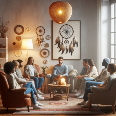 사람이 침대에 누워 꿈을 꾸고 있으며, 구름과 별이 떠 있는 밤하늘이 펼쳐져 있습니다.