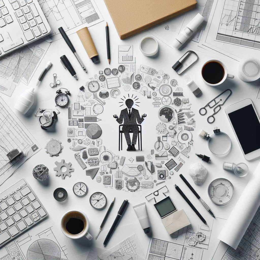 정장 입은 사원과 문구용품들