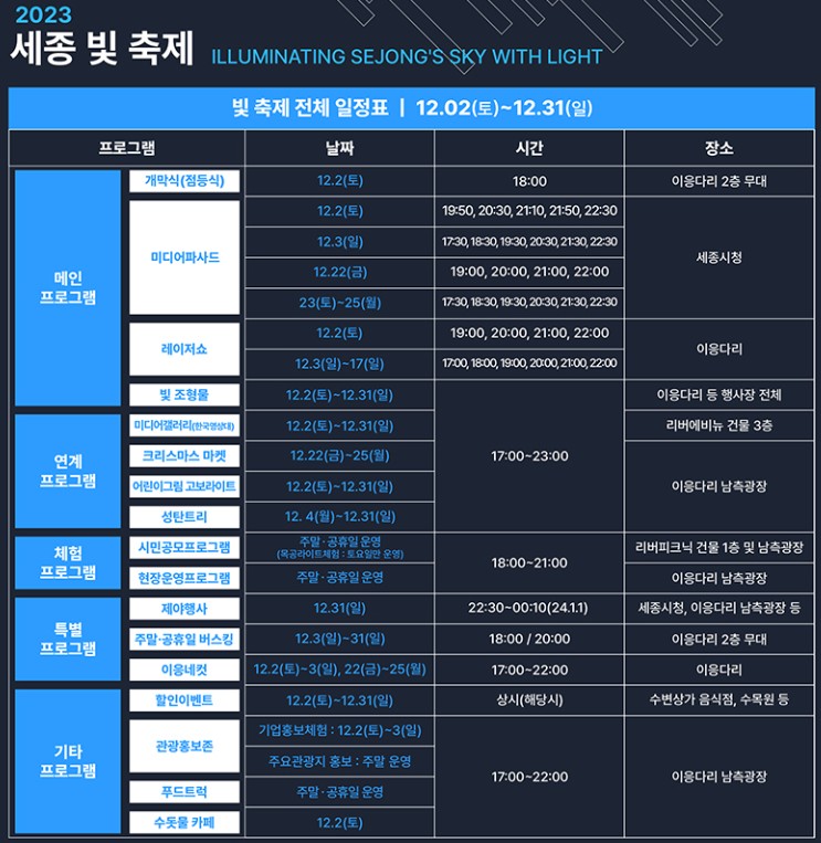 '세종 빛축제, 빛으로 여는 세종의 하늘' 행사소개, 축제안내, 관련홍보영상
