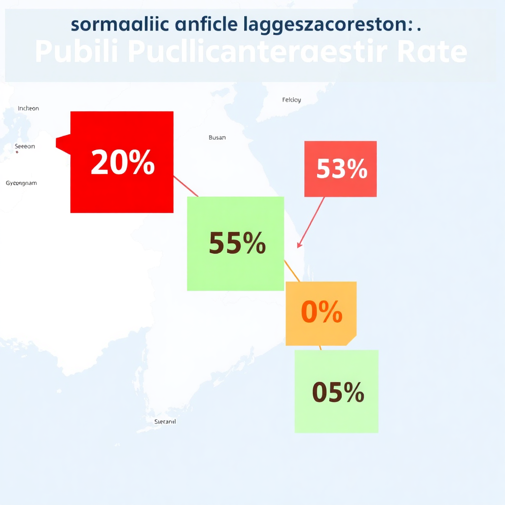 대한민국 지도를 배경으로 각 지역(서울 20%, 인천/경남 5%, 부산 0%)에 다른 색상과 요율 숫자가 표시된 인포그래픽 이미지입니다. 요율이 낮을수록 녹색 계열, 높을수록 붉은 계열 등으로 시각적 차이를 줍니다.