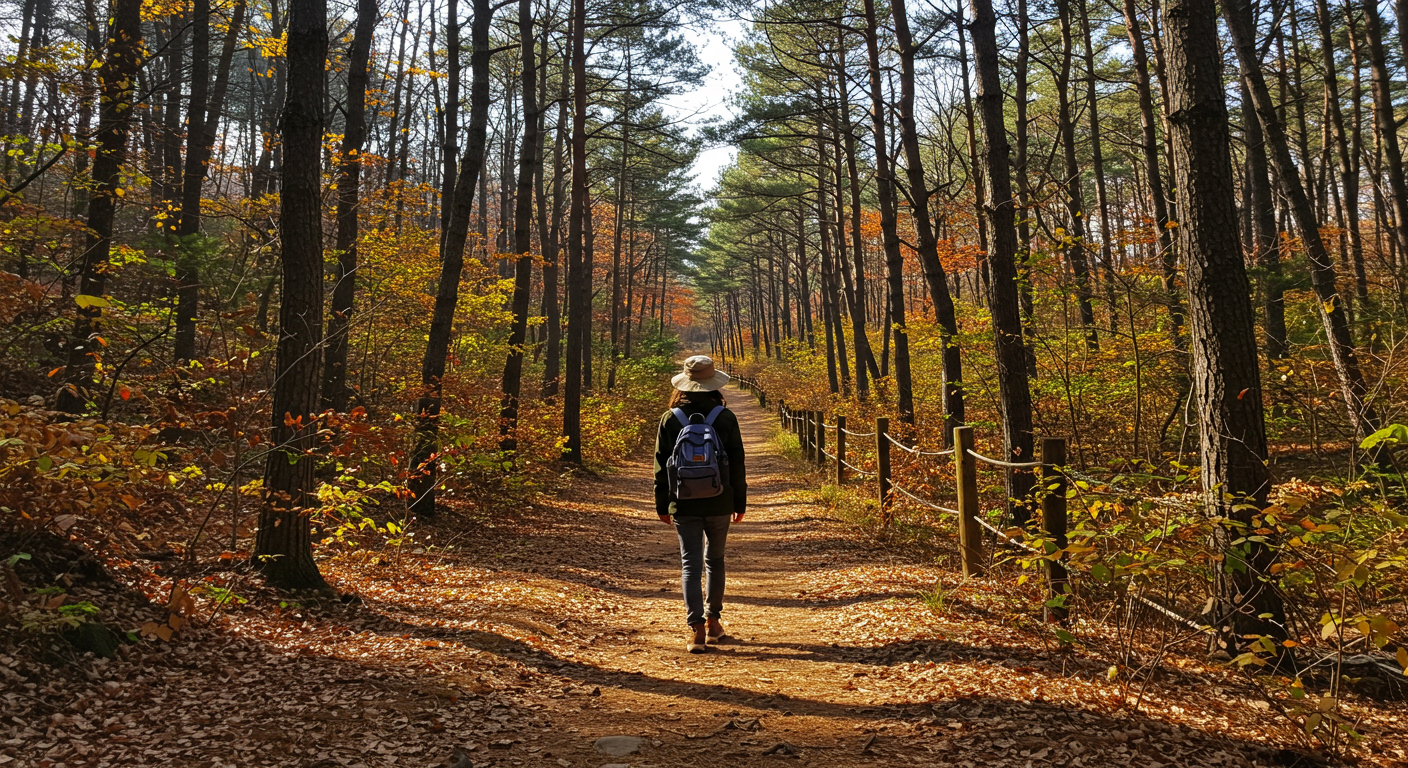 강원도 숲길에서 트래킹 중인 한국인