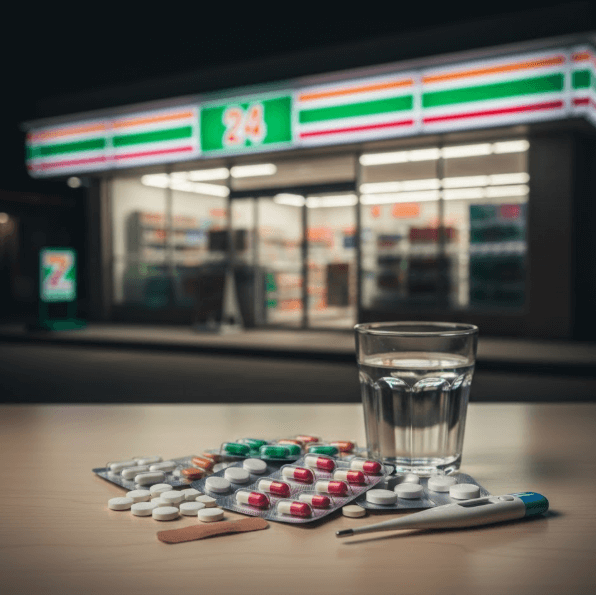 편의점을 배경으로 한 상비약 사진