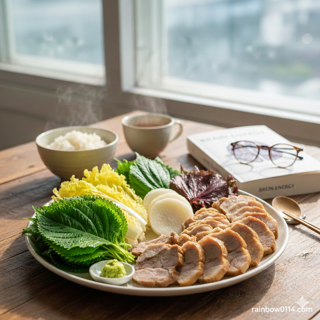 뇌수막종 수술 후 갱년기 기력 회복을 위해 준비한 돼지 수육과 신선한 쌈 채소 및 고추냉이를 곁들인 항염 식단 차림