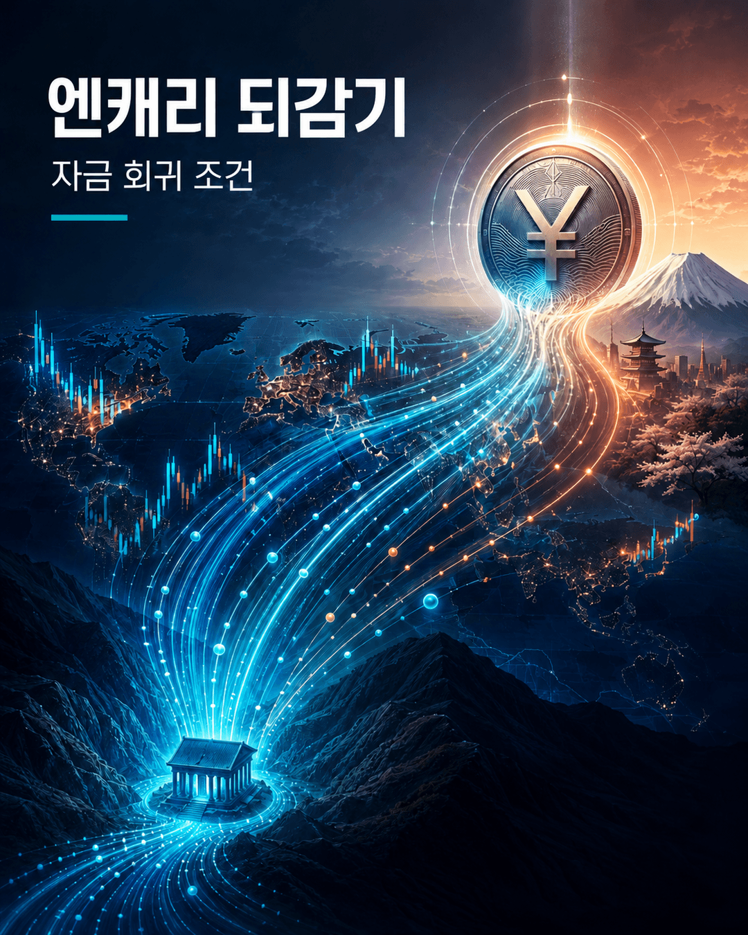 엔캐리 자금 회귀 조건과 엔화 흐름을 표현한 정보 카드