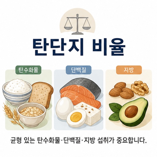 탄수화물 식품과 단백질 식품, 지방 급원 식품을 함께 배치해 균형 잡힌 탄단지 구성을 표현한 이미지