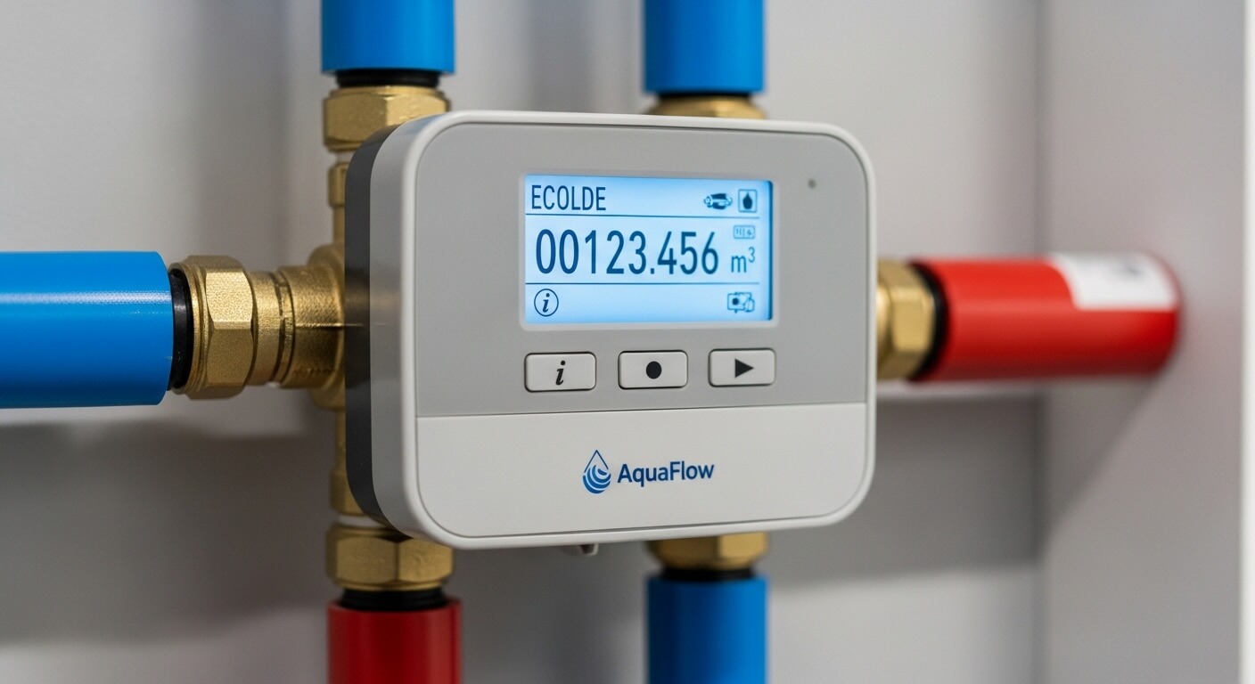 온수&middot;냉수 배관과 연결된 전자식 수도 계량기