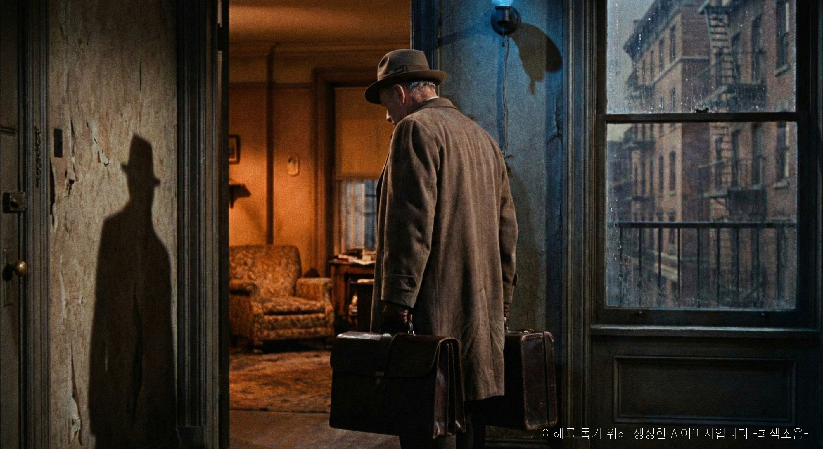 1950년대 누아르 영화처럼, 낡은 가죽 가방 두 개를 든 지친 노년의 세일즈맨이 작은 집 현관 문턱에서 따뜻한 실내등과 차가운 푸른 그림자 사이에 멈춰 선 장면.