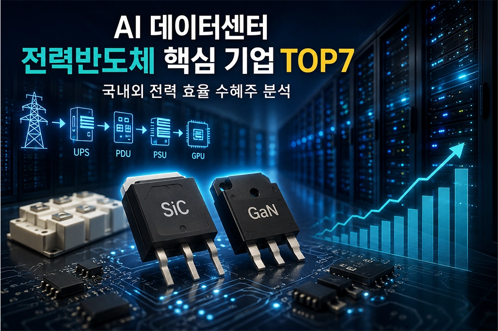 AI 데이터센터 전력반도체 관련주 TOP7과 SiC&middot;GaN 기반 전력 효율 핵심 기업을 표현한 대표 썸네일 이미지