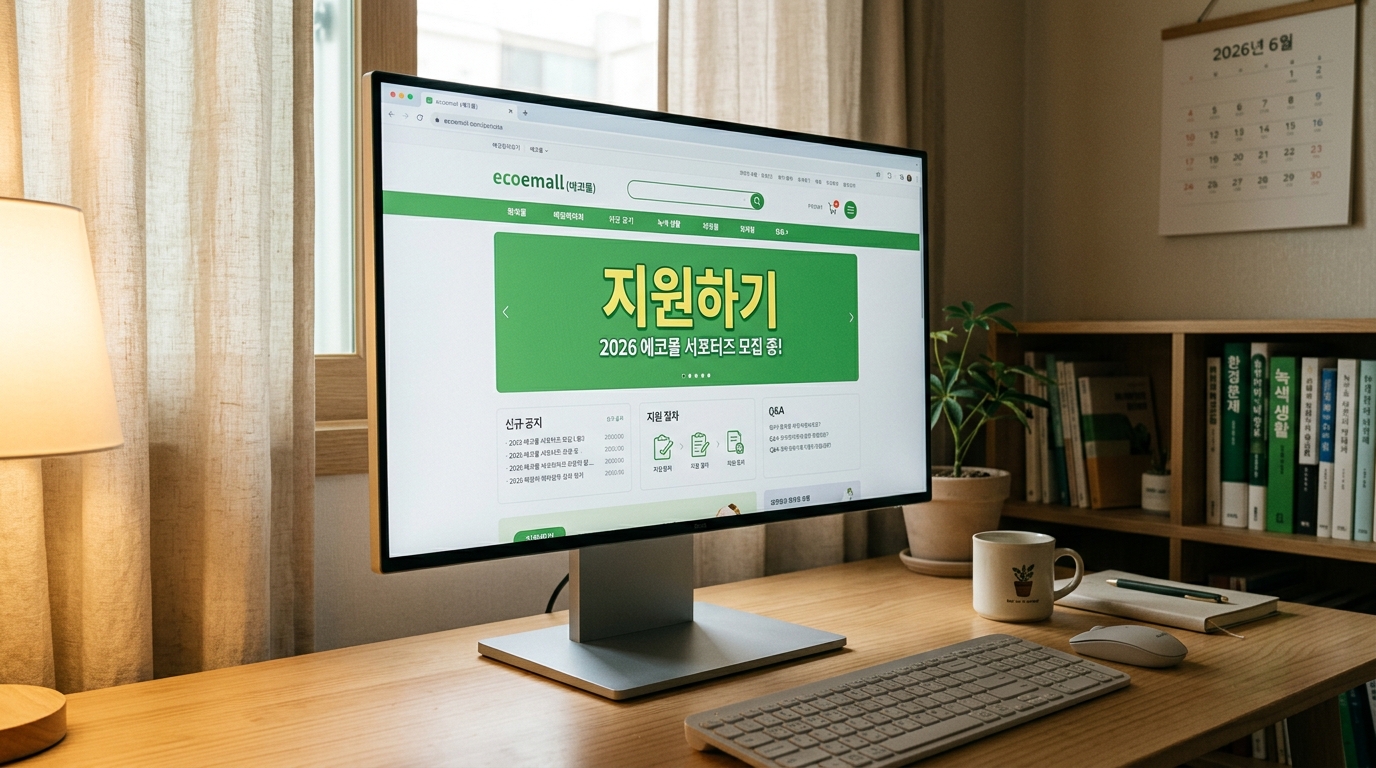 에코이몰 지원사업 신청 페이지가 켜져 있는 컴퓨터 모니터 화면.