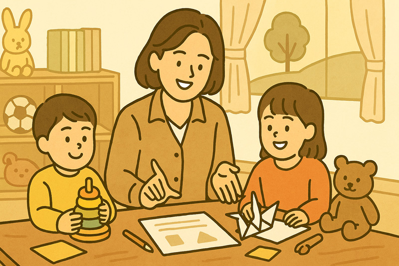 아이들과 종이접기와 학습을 함께하는 아이돌보미