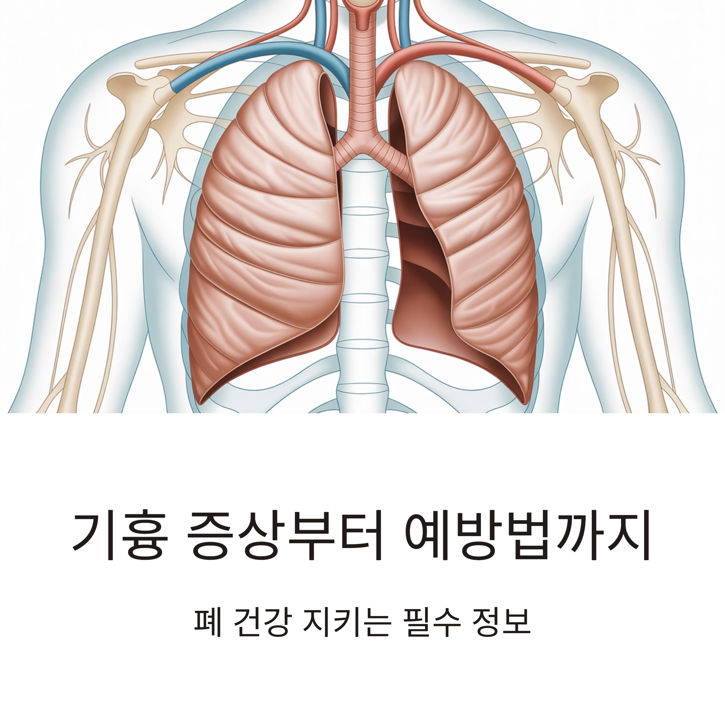 인체 해부도에서 폐와 기관지를 강조한 그림과 함께, 기흉의 증상과 예방법에 대한 정보를 소개하는 표지 이미지