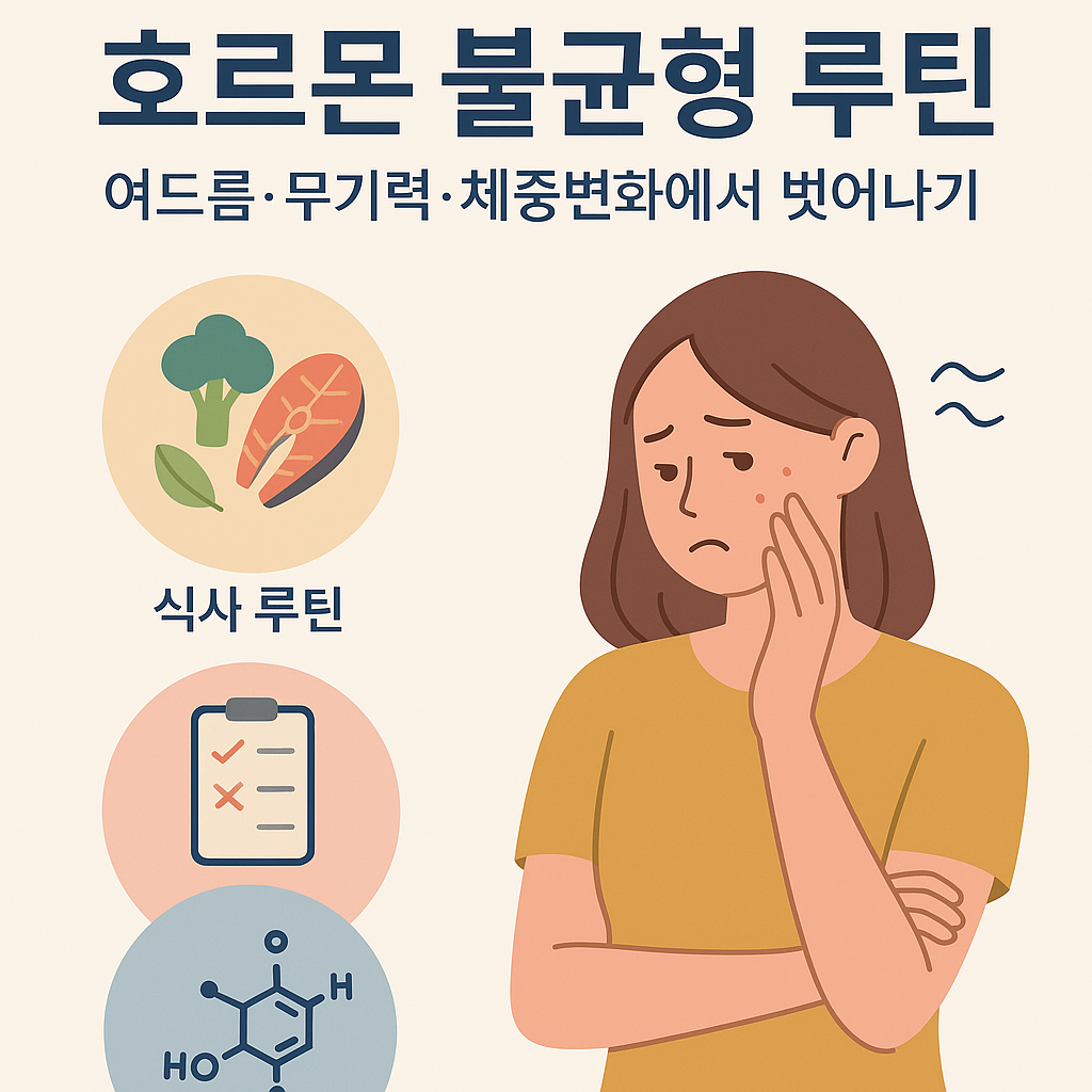 호르몬 불균형으로 고민하는 여성을 중심으로 식사 루틴, 스트레스 관리, 호르몬 회복을 상징하는 아이콘이 배치된 인포그래픽 스타일 일러스트