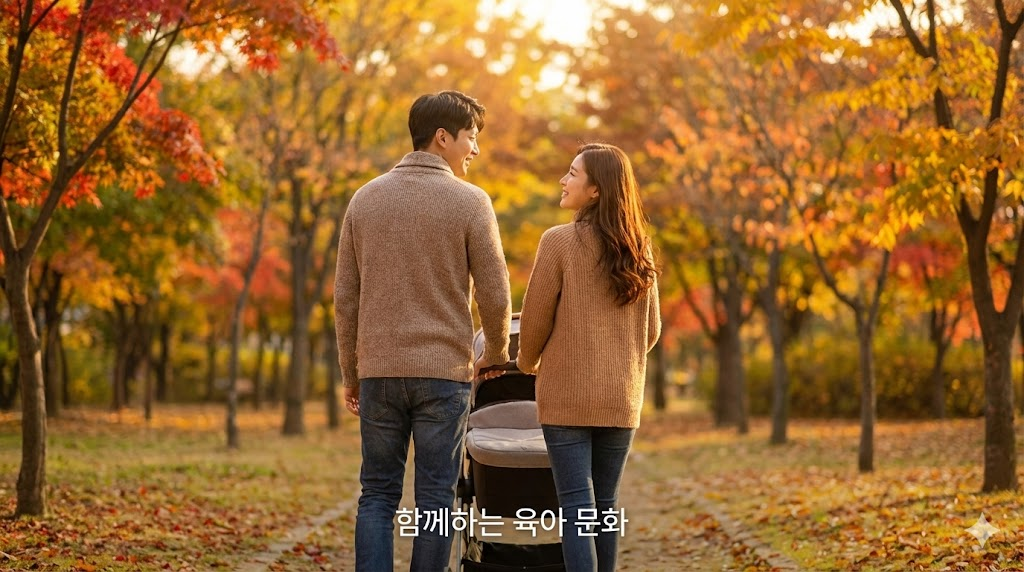 공원에서 함께 유모차를 밀며 산책하는 부부의 다정한 모습