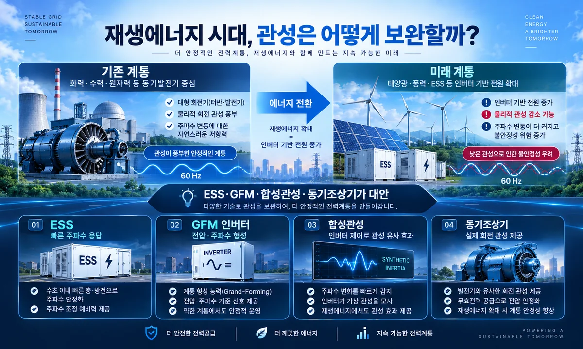 재생에너지 확대에 따른 저관성 계통과 ESS GFM 합성관성 동기조상기 보완 방법