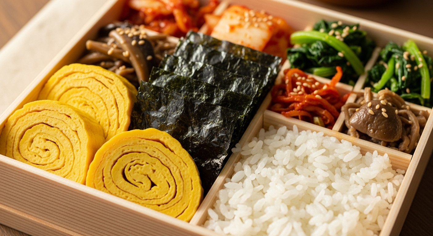 계란말이와 김 등 익숙하고 소화하기 편한 반찬들로 채워진 수능 도시락 클로즈업.
