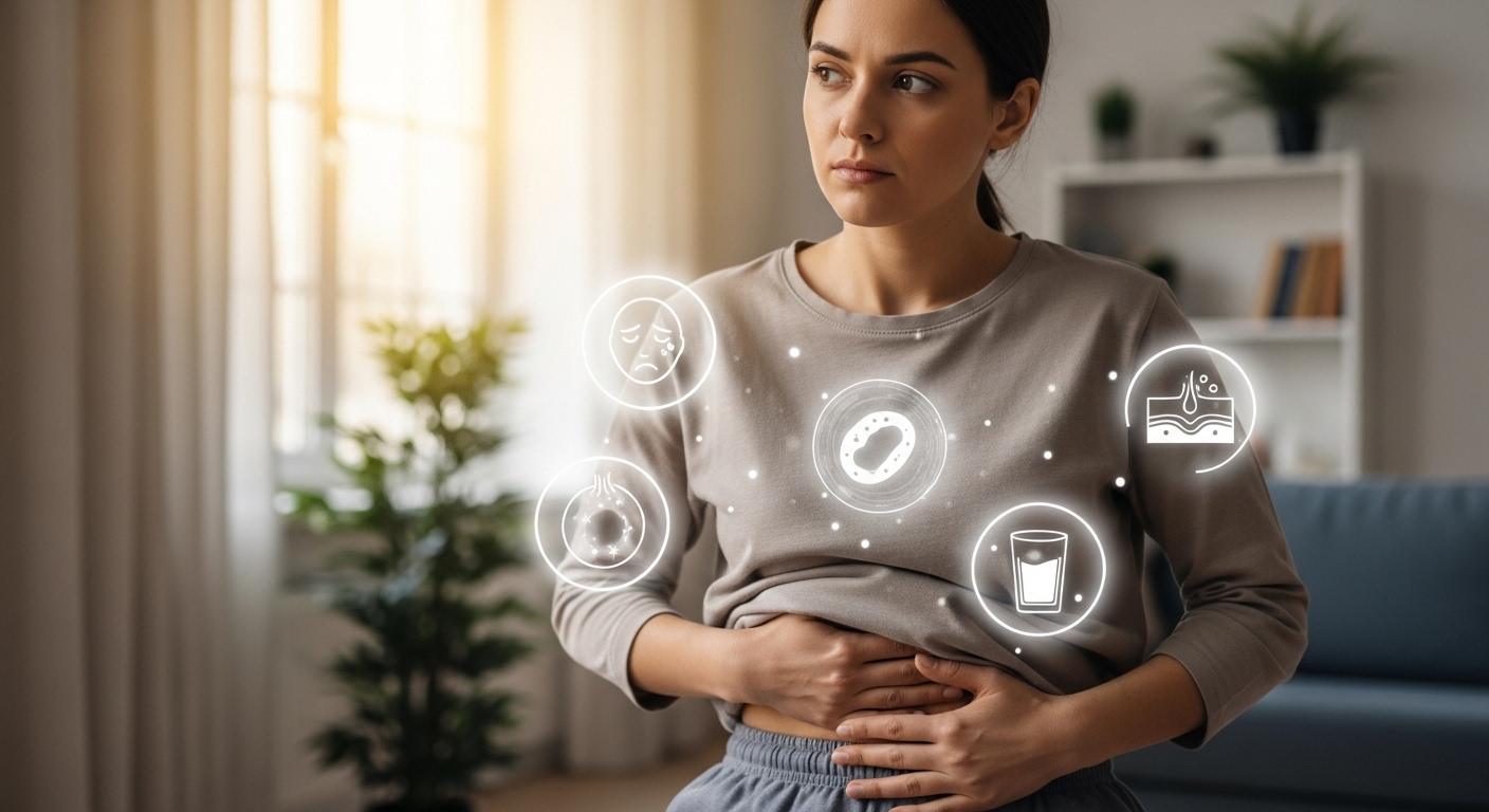 복부 비만과 만성 피로, 피부 착색 등 대사증후군 초기 증상을 자각하는 사람의 모습.