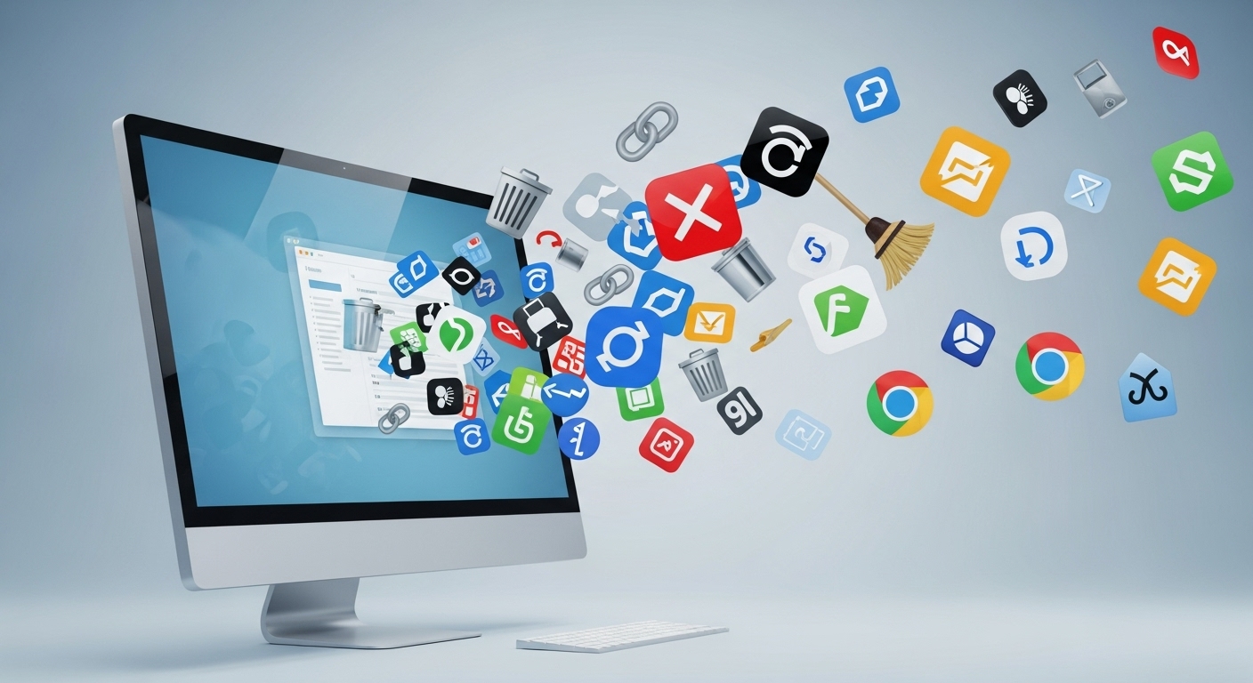 PC 화면에서 불필요한 프로그램과 앱 아이콘들이 제거되는 모습