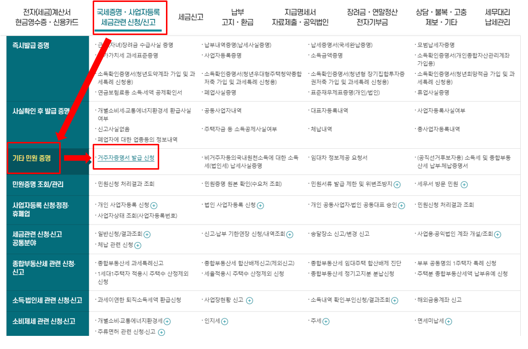 홈택스-거주자증명서 발급신청