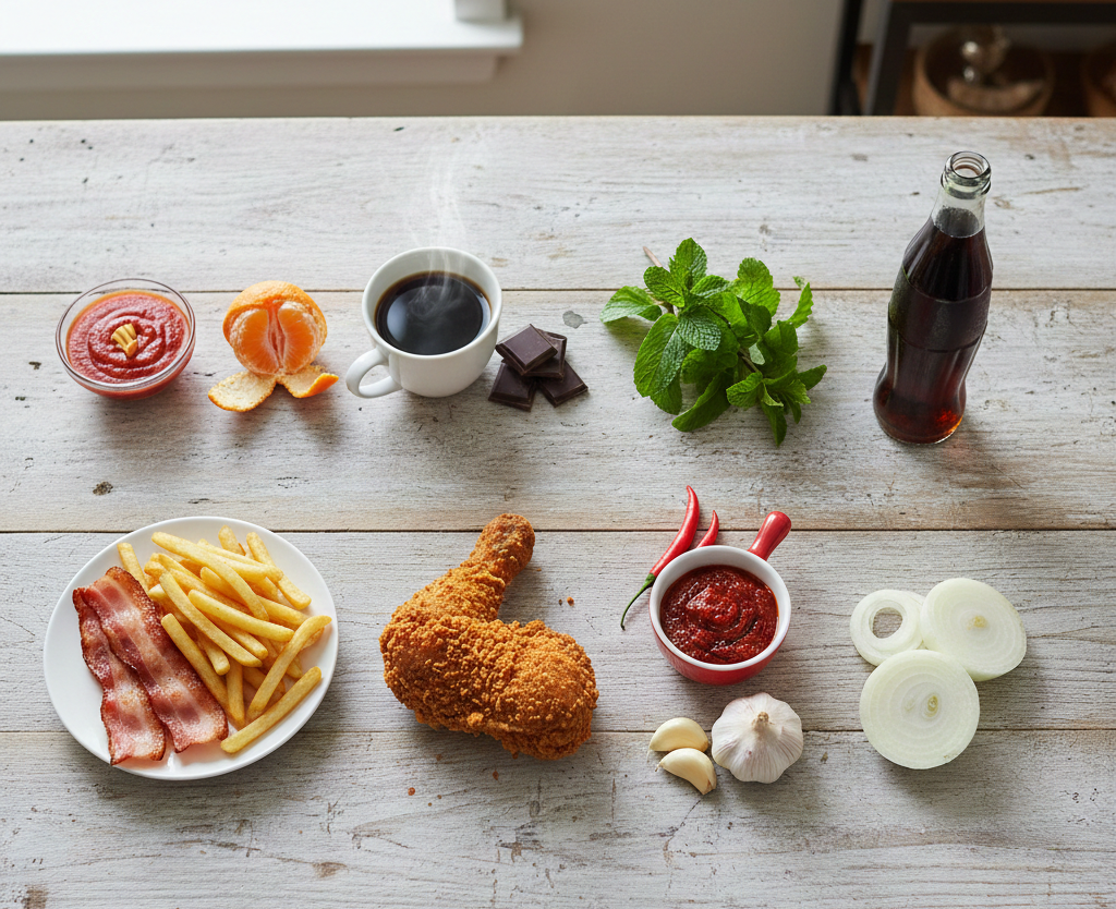 역류성식도염 증상 악화 음식 10가지가 담긴 이미지