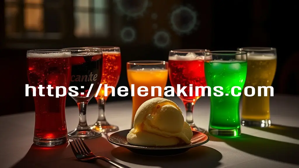 탁자 위에 빨강색, 파랑색 등의 여러 종류 탄산 음료와 아이스크림이 놓인 모습.