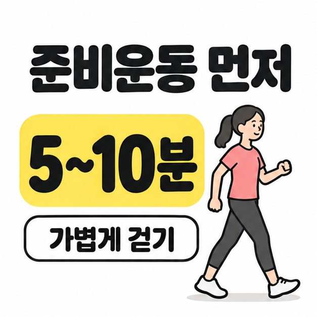 가볍게 걷는 사람의 그림과 함께 준비운동 5~10분을 안내한 이미지