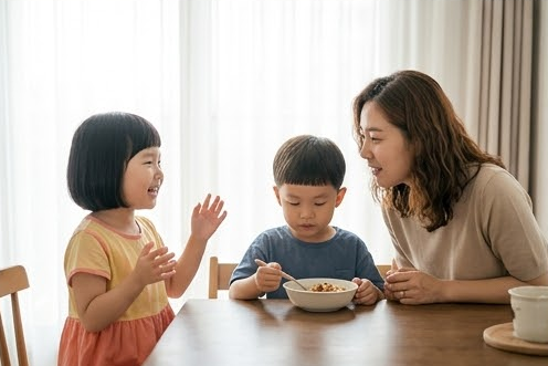식탁에서 딸이 이야기하고 엄마가 조용한 아들 쪽으로 몸을 기울인 모습