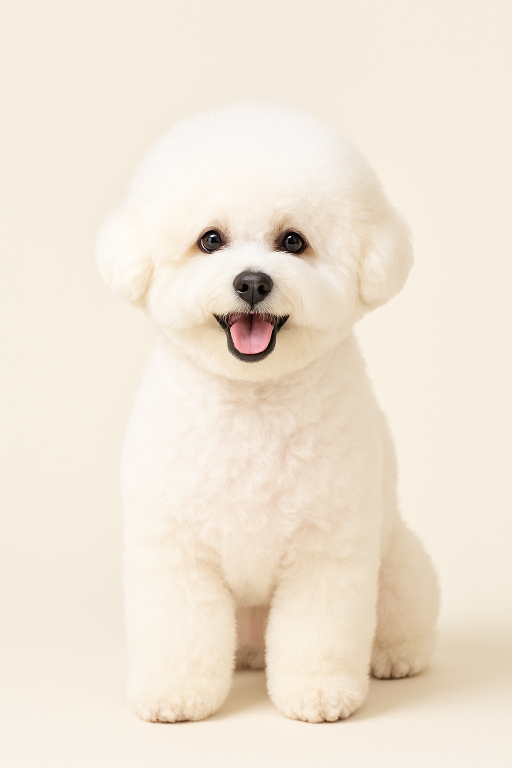 미용 후 풍성하고 뽀송한 털, 깨끗한 눈가·발, 환한 미소를 짓고 앉아 있는 강아지 모습