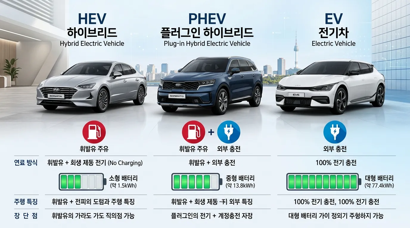 일반 하이브리드 플러그인 하이브리드 전기차 차이를 비교하는 이미지
