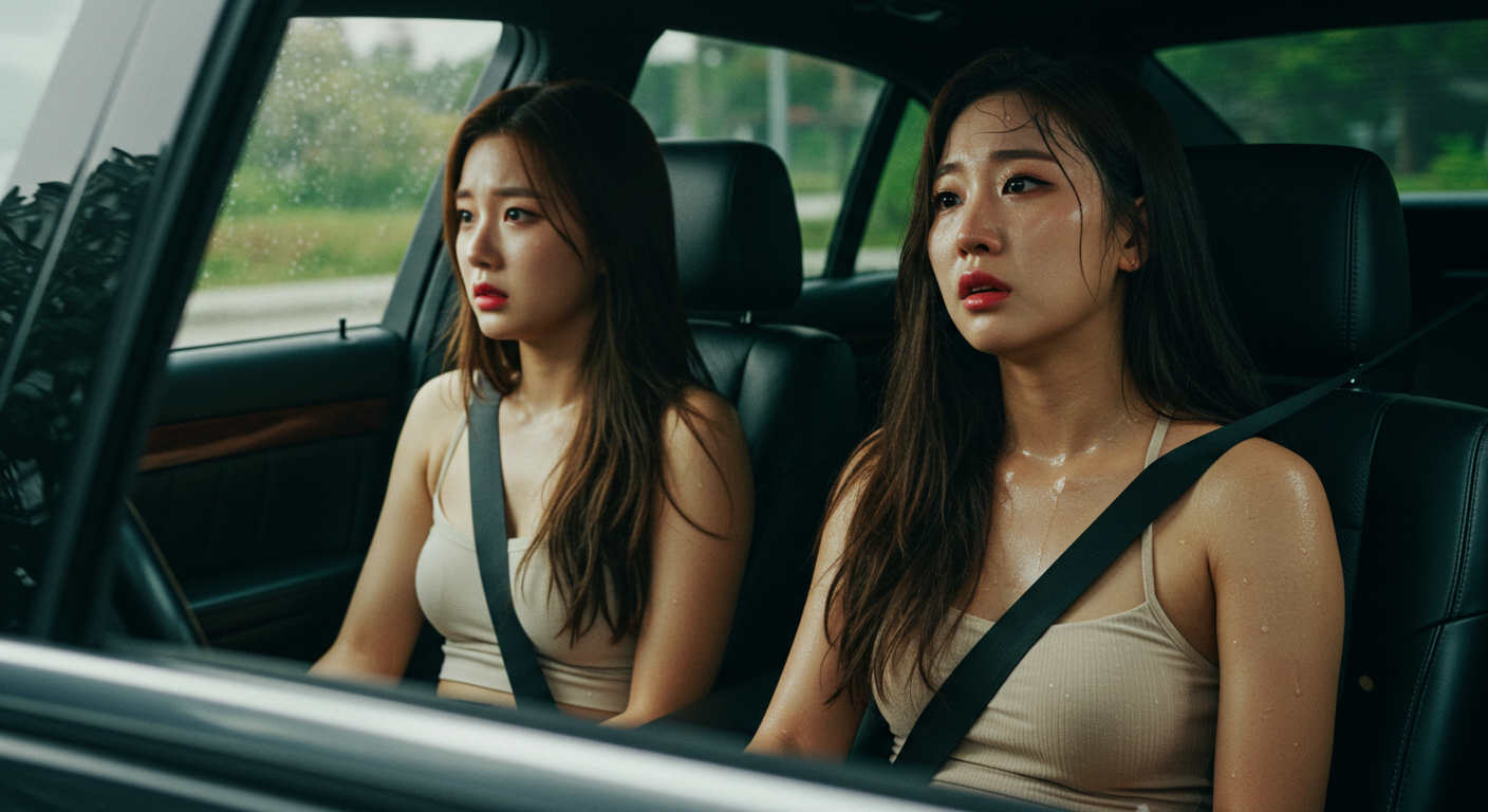 에어컨이 안되는 차 안에 앉아있는 두 여성