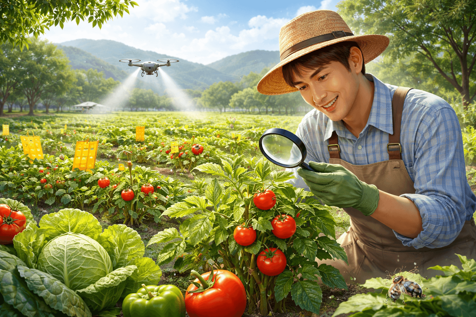 한국 농장에서 재배자가 작물 잎을 확대경으로 관찰하며 병충해를 점검하고 드론 방제와 천적 곤충을 활용한 통합 병해충 관리(IPM)를 수행하는 모습