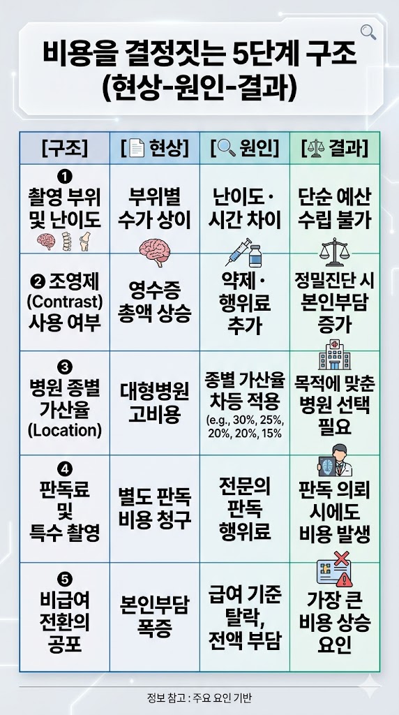 MRI 검사비를 결정하는 5단계 구조와 비용 상승 요인 설명 표