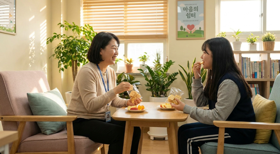 학교 상담실에서 밝은 표정으로 아이와 눈을 맞추며 간식을 나눠 먹는 학교사회복지사