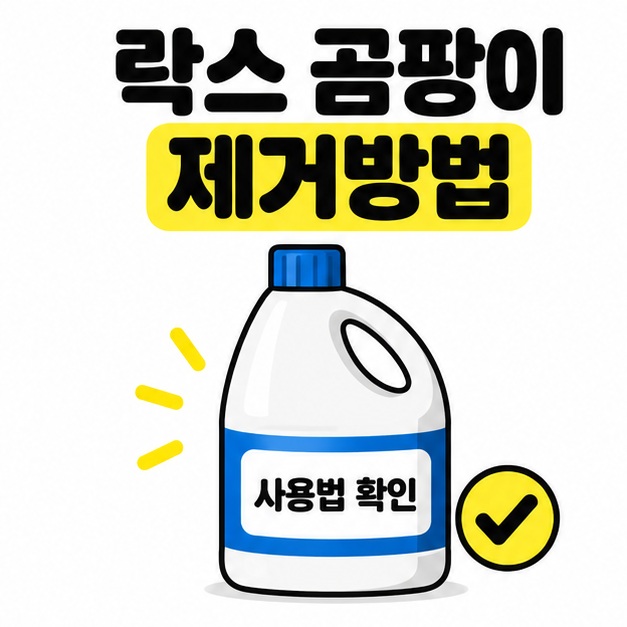 락스 곰팡이 제거방법 제목 아래 사용법 확인 라벨이 붙은 뚜껑 닫힌 락스 용기와 노란 체크 표시가 있는 대표 이미지