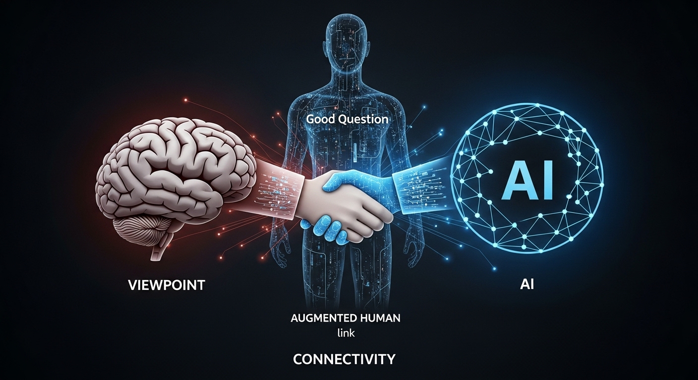 뇌(인간)와 AI(챗GPT 로고)가 '좋은 질문'이라는 '연결 고리'로 악수하며 '증강 인간'으로 합체되는 이미지